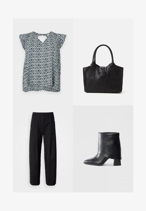 Tumesinine ja valge mustriga pluus V-kaelusega ja väikeste õlavarreõlgadega; geomeetriline kujundus ja poolläbipaistev tekstuur. Seljaosa võtmeaugu detail.; Mustad püksid, millel on lõdva lõikega istuvus, volditud esiosa ja vöökohad. Sile kangas ja sirged sääred, küljetaskud.; Mustad nahast pahkluuring, millel on terav varvas, sile tekstuur ja struktureeritud plokknakk. Omab kõrget, volditud suud.; Mustgamma nahast kott, millel on sile tekstuur, struktureeritud kuju, kaks käepidet ja esiküljel silmapaistev hõbedane pandla detail.