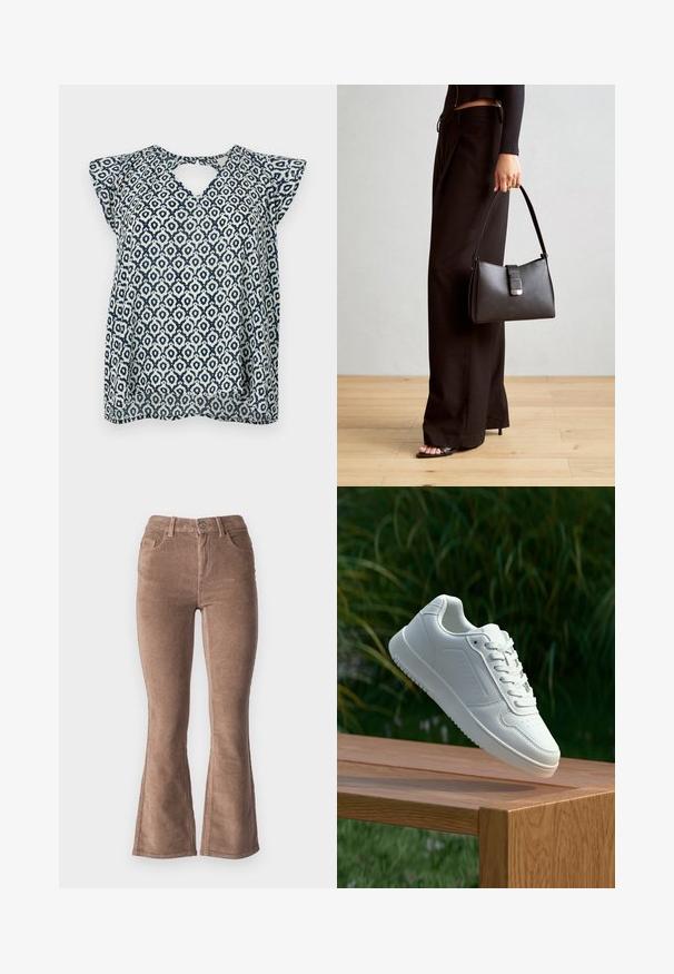 Námornícka a biela blúzka s v-výstrihom a malými rukávmi; geometrický dizajn a priesvitná textúra. Detail otvoru v zadnej časti.; Hnedé kárované nohavice so širokými nohavicami a ryhovanou textúrou, s vysokým pásom, piatimi vreckami a predným zapínaním na gombík.; Biele tenisky s hladkým syntetickým zvrškom, perforovanou špičkou, plochými šnúrkami a textúrovanou podrážkou, vystavené na drevenej ploche.; Čierna kabelka so štruktúrovaným tvarom, hladkou textúrou a kovovou sponou. V kombinácii so širokými čiernymi nohavicami a sandálmi s otvorenou špičkou na drevenej podlahe.