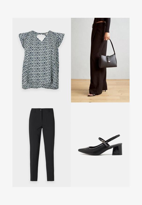 Tengerészkék és fehér mintás blúz V-kivágással és kis bő ujjakkal; geometrikus minta és áttetsző textúra. Kulcslyuk részlet hátul.; Fekete, szabott fazonú nadrág sima anyagból, klasszikus derékpánttal, elülső cipzárral és oldalsó zsebekkel.; Fekete lakk bőr, pántos magassarkú cipő, hegyes orral, lekerekített kivágással és tömbsarkal. Arany színű csat díszíti.; Fekete kézi táska strukturált formával, sima textúrával és fémből készült záródással. Széles fekete nadrággal és nyitott orrú szandállal párosítva, fából készült padlón.