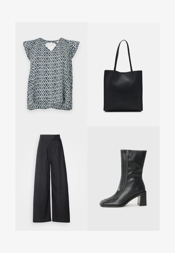 Navy en witte gebloemde blouse met een V-hals en kleine kapmouwen; geometrisch ontwerp en doorschijnende textuur. Sleutelgatdetail op de rug.; Donker, wijde broeken met een gestructureerde tailleband en plooien. Gemaakt van lichte stof, met een gladde textuur en zonder zichtbare patronen.; Zwarte leren enkelboot met een vierkante neus, zijrits en chunky vierkante hak. Heeft contrasterende stiksel langs de voornaad.; Zwarte leren handtas met een gladde textuur, rechthoekige vorm en twee lange handvaten. Geen zichtbare hardware of versieringen.
