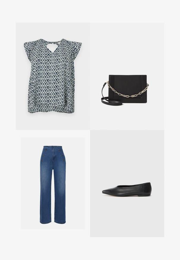 Bluza mornarsko plave i bijele boje sa uzorkom, V-izrezom i malim kapicama; geometrijski dizajn i prozirna tekstura. Detalj u obliku ključa na leđima.; Traperice visokog struka u srednje plavoj boji. Imaju detalje s prednjim dugmadi i široki kroj. Tkanina ima glatku teksturu s blagim izblijedjenjem.; Crne kožne balerinke, uski vrh, minimalistički dizajn, glatka tekstura, niska peta, bez vidljivih dodataka ili ukrasa.; Crna kožna torba preko tijela s glatkom teksturom, pravokutnim oblikom i metalnim lancem na prednjoj strani. Uključena je podesiva naramenica.