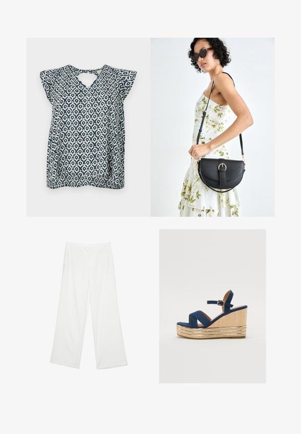 Bluza mornarsko plave i bijele boje sa uzorkom, V-izrezom i malim kapicama; geometrijski dizajn i prozirna tekstura. Detalj u obliku ključa na leđima.; Široke hlače od bijele tkanine, s glatkom teksturom, prednjim džepovima i klasičnim pojasom s petljama za remen.; Tamnoplava platform sandalica s križnim trakama, teksturirana platforma od prirodne vlaknaste materije, i zlatni metalni detalj na bazi.; Crna kožna torba s lukovitim oblikom, odvojivim remenom i zlatnim detaljima. Torba ima preklop s kopčom.