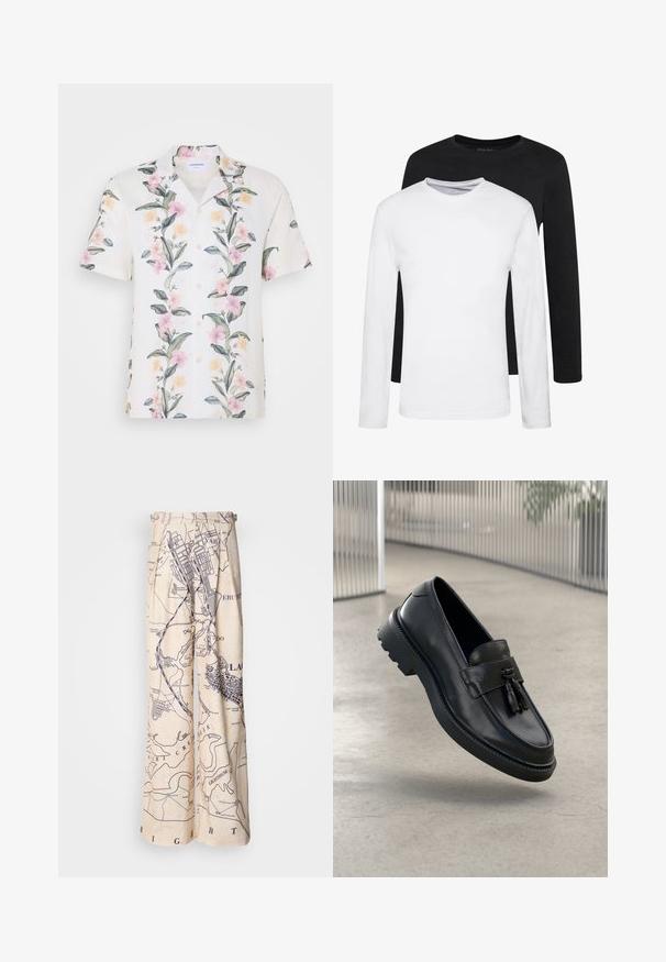Trumpas rankovėmis marškiniai iš lengvos baltos medžiagos, su gėlių raštu, kuriame yra rožinių ir geltonų gėlių bei žalių lapų, mygtukų uždarymas priekyje.; Du švarkai su ilgomis rankovėmis, vienas juodas ir vienas baltas, pagaminti iš medvilnės, su apvaliais iškirpimais ir lygiu paviršiumi, išdėstyti sluoksniuotai.; Plati kojinės, kurių dizainas remiasi žemėlapių raštu tamsiai mėlynos spalvos ant smėlio fono, su gurnų detalėmis juosmens srityje ir laisvu siluetu.; Juodi odiniai bateliai be užsegimo su lygiu paviršiumi, dekoratyvine kutu, stora guminė pado danga ir siūtais akcentais. Lengvi ir elegantiško dizaino.