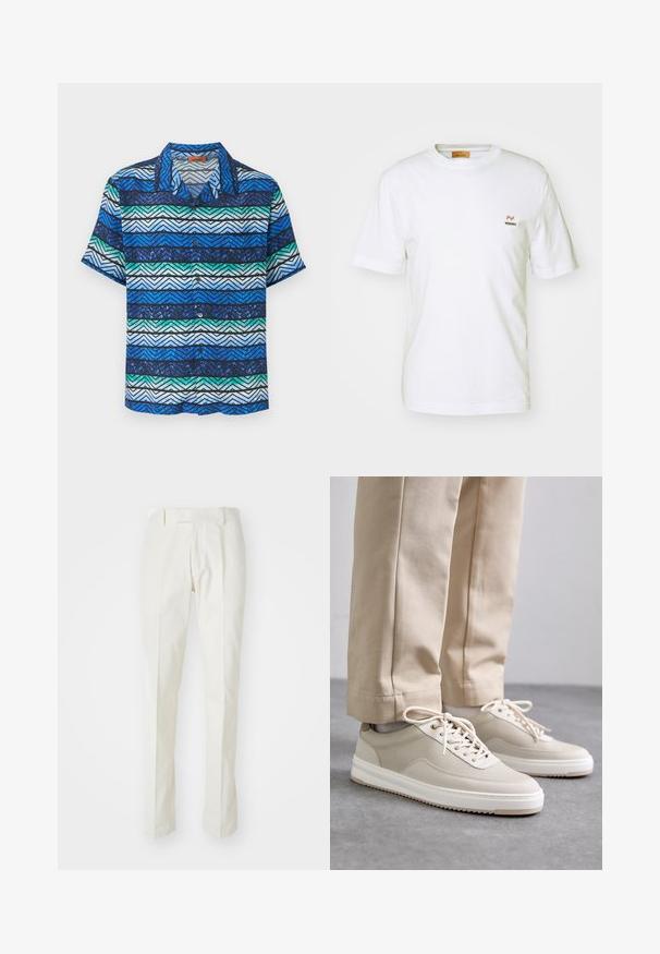 Košile s krátkým rukávem a límcem na knoflíky, s modro-zelenými cik-cak pruhy, černými akcenty a lehkým materiálem.; Bílý bavlněný tričko s krátkými rukávy, kulatým výstřihem a malým barevným logem Missoni na levé hrudi.; Bílé kalhoty vyrobené z bavlny, s rovnými nohavicemi, plochým předním dílem a bez viditelných vzorů nebo kovových doplňků. Hladká textura.; Beige tenisky s texturovaným svrškem, bílými podrážkami a prošívanými detaily, v kombinaci s béžovými kalhotami, vystavené na šedém povrchu.
