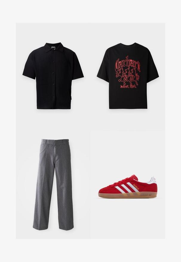 Zwarte kortekorte mouw shirt met een ribbeltextuur, klassieke kraag, knopen aan de voorkant en een rechte onderrand. Geen zichtbare patronen of accenten.; Zwarte T-shirt met korte mouwen van katoen, voorzien van een opvallende rode grafische print met drie leeuwfiguren en de tekst "Carhartt, Detroit, Mich."; Grijze pinstripe wijde broek met riemlussen, vlakke voorkant en rechte onderranden, weergegeven tegen een witte achtergrond.; Rode suède sneaker met een witte drie-strepenontwerp en gouden "Gazelle" tekst. Beschikt over een rubberen gumzool en een gestructureerde hiel.