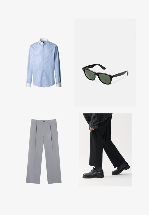 Camicia a righe blu chiaro con colletto e polsini bianchi. Presenta una chiusura con bottoni sul davanti e maniche lunghe, realizzata in tessuto intrecciato.; Pantaloni grigi con pieghe, dal taglio rilassato, realizzati in un tessuto leggero. Presentano tasche frontali e una chiusura con bottone in vita.; Scarpe in pelle nera con punta arrotondata, design con lacci e suola spessa e texture. Indossate con pantaloni neri su misura e un maglione a coste.; Occhiali da sole in plastica nera con lenti verdi, montatura quadrata, dettaglio argento sulla parte superiore e steli con texture. Marchio indicato sulla parte interna dello stelo.