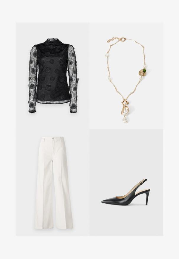 Hofmann Copenhagen KARMA TOP - Palaidinė - black; Balti platūs baltos spalvos keliai, pagaminti iš medvilnės su lygiu paviršiumi. Yra priekinis mygtukas, užtrauktukas ir keturi kišenės.; Juodos odinės slingback aukštakulnės bateliai su smailiu nosiu, reguliuojama juosta ir elegantišku stiletto kulnu, pasižymintys lygia apdaila.; Auksinės spalvos apyrankė su susuktomis grandinėmis, baltais perlais ir žaliuoju akmeniu. Pasižymi sudėtingais detalėmis ir užsegimu.