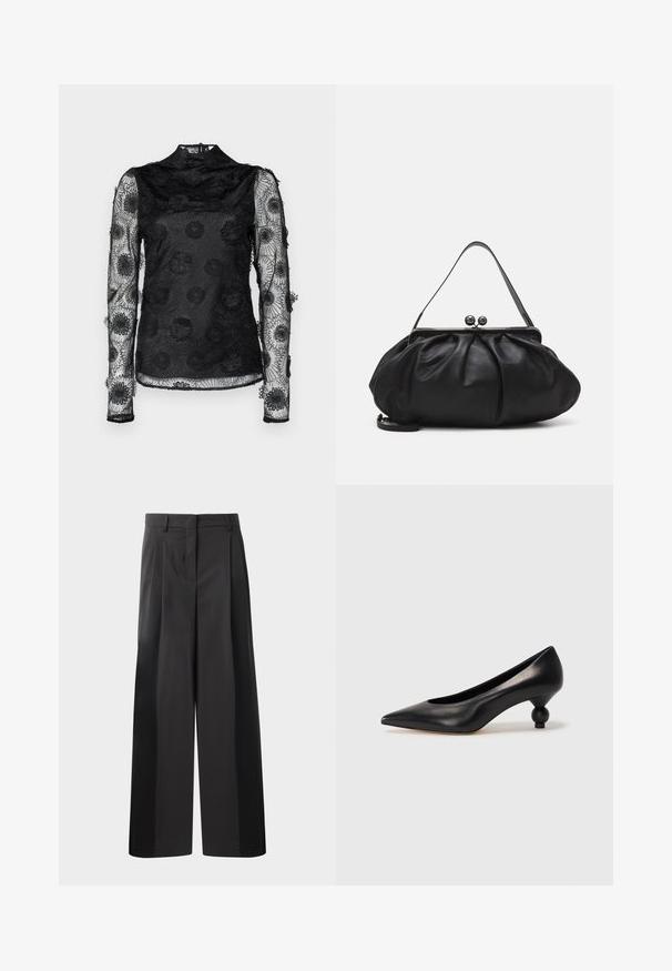 Hofmann Copenhagen KARMA TOP - Bluse - black; Sort brede bukser med høj talje, med folder foran, en glat tekstur og en skræddermæssig finish. Designet til en afslappet pasform.; Sort læder høje hæle med spids tå og rund, kugleformet hæl. Glat tekstur med et stilrent, minimalistisk design.; Sort læderpung med et rundt, plisseret design. Har en metalspænde med to dekorative kugler og et slankt, aftageligt rem.