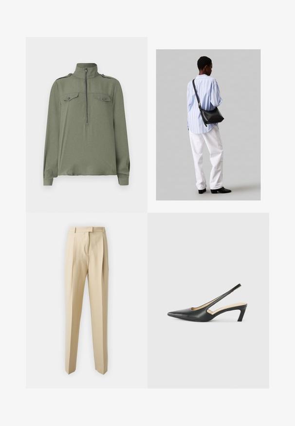 Olivengrønn genser med oppreist krage, frontglidelås og to brystlommer med knappelukking. Lange ermer med mansjettkanter.; Beige skreddersydde bukser med rett snitt, med legg, belte og en glatt tekstur. Ingen synlige lommer eller pynt.; Svart spiss tå slingback-sko med lav hæl, laget av jevnt skinnmateriale og med utskåret design på siden for pusteevne.; Svart lær skulderveske med en myk tekstur, trekantet form og justerbar stropp, kombinert med en lyseblå stripete skjorte og hvite bukser.