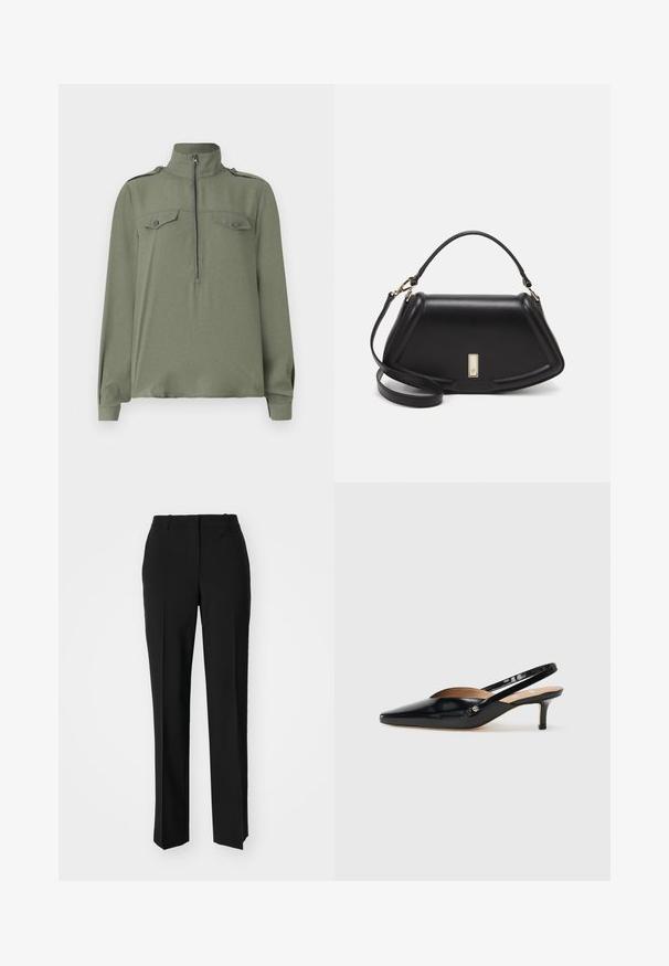 Olive green pullover with a stand-up collar, front zipper, and two chest pockets featuring button closures. Long sleeves with cuffed hems.; Black tailored trousers with a straight-leg design, featuring a smooth texture and crisp creases along the front. No visible hardware.; Black patent leather slingback pump with a pointed toe, small heel, and a cutout design on the vamp. Gold-tone hardware accent on the side.; Black leather handbag with a structured design, featuring a cropped shape, top handle, and gold hardware accent. Adjustable shoulder strap included.