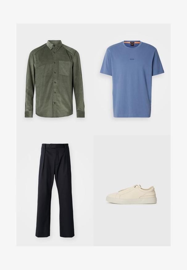 Cămașă lungă cu mâneci din corduroy verde măsliniu pentru bărbați, cu buzunar pe piept și guler cu butoane, expusă pe un fundal alb.; Tricou din bumbac albastru, cu gât rotund, mâneci scurte și un mic logo negru "BOSS" pe piept. Textură netedă.; Pantaloni negri dintr-un material neted, cu un design drept, pliuri frontale și închidere cu un singur nasture la talie.; Adidași din piele bej cu vârful rotunjit, design minimalist, detalii subtile de cusătură și un superior texturat, pe o talpă deschisă.
