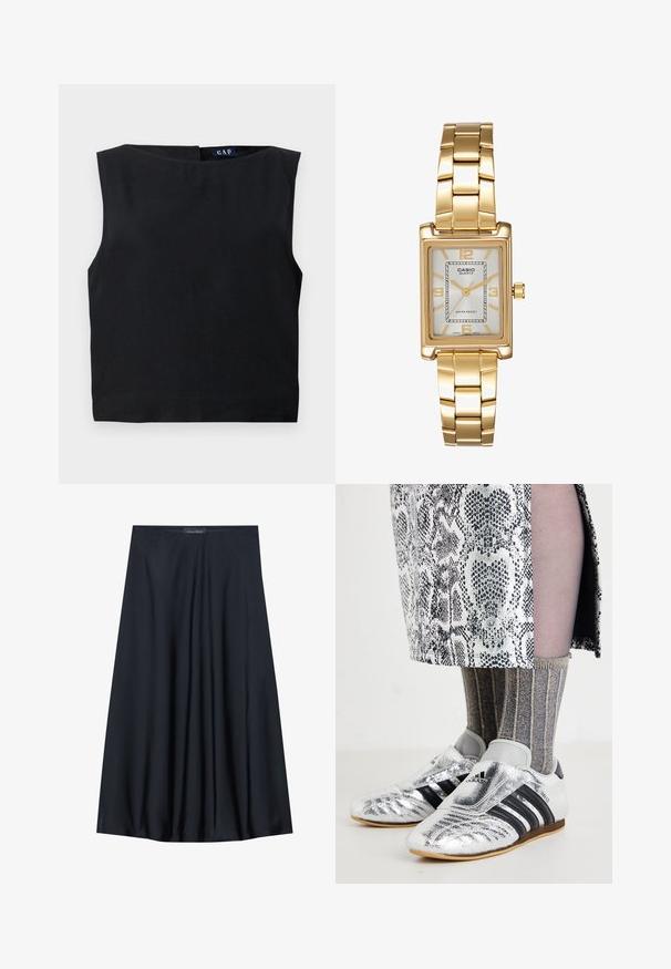 Must oma õlata top mustast kangast, millel on lai kaelus ja sirge lõikega. Valmistatud siledast kangast, tagaküljel lukk ja minimaalne disain.; Must have pikk, kerge materjaliga must seelik, millel on voogav disain. Omab siledat tekstuuri ja peeneid voldikesi lisadetailiks.; Hõbedased jalgpallijalatsid mustade triipudega ja sujuva disainiga, millele on kombineeritud tekstureeritud hallid ja kuldsed ribased sokid ning mustriline seelik.; Kuldtooni ristkülikukujuline käekell valge puidust näidikuga, hõbedaste tundide markeritega ja vastupidava metallist link-ribaga. Veekindel omadus on kaasas.