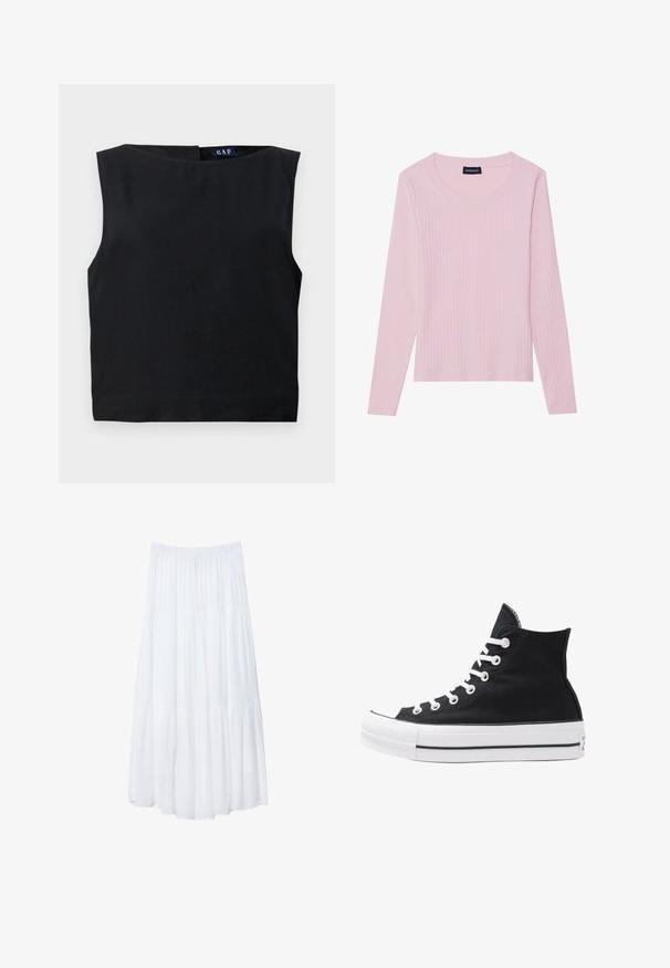 Schwarzes ärmelloses Top mit weitem Ausschnitt und geradem Schnitt. Aus glattem Stoff gefertigt, mit einem Rückenverschluss und minimalistischem Design.; Helles, rosa langärmliges Oberteil mit gerundetem Ausschnitt und figurbetonter Silhouette. Hergestellt aus weichem, strukturiertem Stoff. Minimalistisches Design, ohne Muster.; Weißer, gestufter Maxi-Rock aus leichtem Stoff. Verfügt über einen elastischen Bund und ein fließendes Design mit weicher, subtiler Textur.; Schwarze High-Top-Canvas-Sneaker mit weißen Ösen, Schnürsenkeln und Gummisohle. Verfügt über eine strukturierte Zehenkappe und schwarz-weiße Streifenakzente.