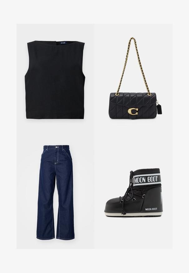 Top negro sin mangas con un escote amplio y corte recto. Hecho de una tela suave, presenta un cierre en la parte posterior y un diseño minimalista.; Jeans de pierna ancha en denim azul oscuro, con una cintura alta, costuras blancas en contraste y diseño tradicional de cinco bolsillos.; Bota Moon negra con parte superior acolchada, asegurada con cordones y una distintiva banda blanca con el logo. Suela de goma gruesa y texturizada.; Bolso de mano negro acolchado con una correa de cadena dorada, que presenta un distintivo clasp dorado y una pequeña etiqueta, mostrando una superficie de cuero texturizada.