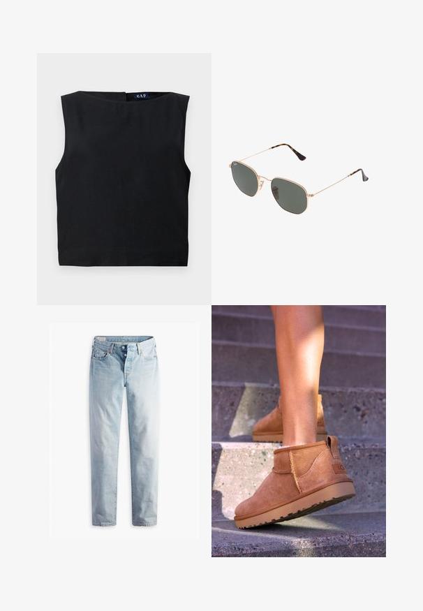 Melnas bezpiedurkņu augšdaļa ar plašu dekoltē un taisnu griezumu. Izgatavota no gludas auduma, ar aizmugures aizdari un minimālistisku dizainu.; Gaiši zili džinsi ar taisno kāju griezumu, divām priekšējām kabatām un divām aizmugurējām kabatām. Ietver divu pogu jostas aizdari un smalkas šuves.; Dzeltenbrūnas zamšādas potīšu zābaciņi ar mīkstu tekstūru, izšūtu apdari un gumijas zoli, kas aprīkoti ar cilpu uz papēža ērtai uzvilkšanai.; Zelta metāla rāmis saulesbrilles ar tumši zaļiem stikliem, aviator stils, ar šaurām kājām un bruņu akcentiem uz galiem.; Lauren Ralph Lauren PEBBLED LEATHER SMALL TANNER SATCHEL - Rokassoma - camel