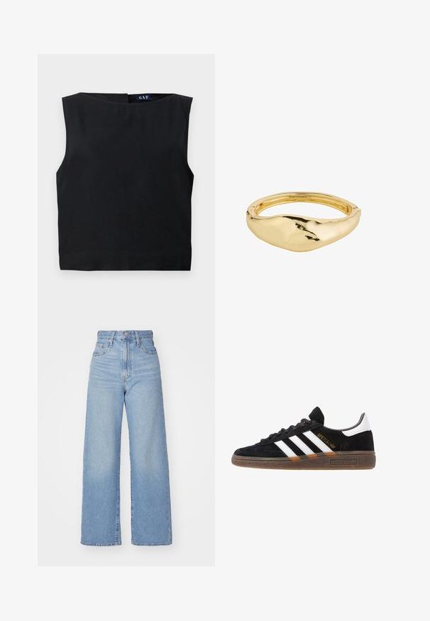 Sort ærmeløs top med bred udskæring og lige snit. Lavet af et glat stof, med lukning bagpå og minimalistisk design.; Lyseblå højtaljede bukser med bred benåbning, med frontknap og lynlås, samt for- og baglommer, på en hvid baggrund.; Sort Adidas sneakers med hvide striber, guld "Spezial" tekst, gummisål og hvid hælflap, vist i profil.; Guldtonet ring med en glat, organisk form og poleret overflade. Har en afrundet band og uregelmæssige konturer for et karakteristisk udseende.