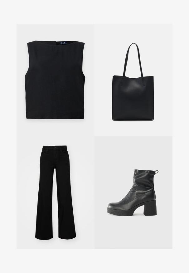 Juoda be rankovių palaidinė su plačiu kaklu ir tiesiu kirpimu. Pagaminta iš sklandžios medžiagos, turi užpakalinį užsegimą ir minimalų dizainą.; Juodos plačios kelnės iš denimo, turinčios struktūruotą juosmenį, diržo kilpas ir priekines kišenes. Lygus paviršius su klasikinio dizaino elementais.; Juodos kulkšninių botai, pagaminti iš lygaus odos, su šoniniu užtrauktuku, masyviu tekstūruotu kulnu ir apvaliu pirštu.; Juodas odinis tote krepšys su lygia tekstūra, stačiakampio formos ir dviem ilgais rankenomis. Matomų metalinių detalių ar puošybos nėra.