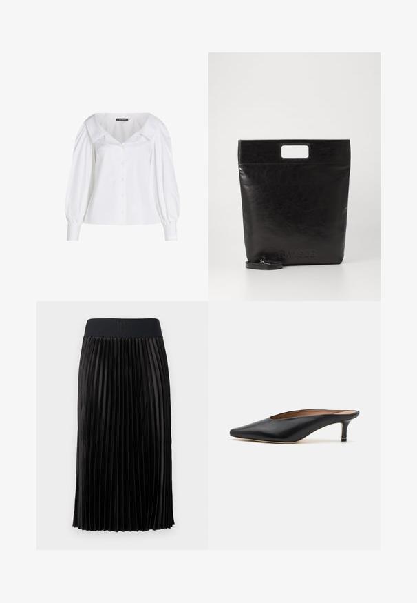 White button-up shirt with a wide collar, puffed long sleeves, and a fitted waist. Smooth cotton fabric with subtle sheen.; Black pleated skirt with a smooth texture, featuring a wide black waistband embossed with "HUGO." Knee-length design.; Black leather mules with a pointed toe and low, block heel. Smooth texture with a sleek design. Open back with minimal detailing.; Black leather tote bag with a square handle, featuring a textured finish and embossed logo. Includes a detachable strap.