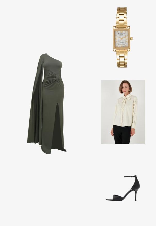 Cremefarbene Bluse mit Schleifenkragen, langen Ärmeln und Knopfmanschetten; glatte Textur mit lockerer Passform; kombiniert mit schwarzen Hosen.; Grünes, einseitiges Kleid aus glattem, dehnbarem Stoff. Mit einem gedrehten Detail in der Taille und einem Oberschenkel-hohen Schlitz auf einer Seite.; Mango High Heel Sandalette - black; Schwarze Ledertasche mit gekräuselter Textur, goldfarbener Kettenakzent und einem auffälligen goldenen Verschluss mit ovalem Logo. Verstellbarer Schulterriemen.; Goldfarbene rechteckige Armbanduhr mit Zifferblatt in Weiß, silbernen Stundenmarkierungen und einem strapazierfähigen Metallarmband. Wasserfest.