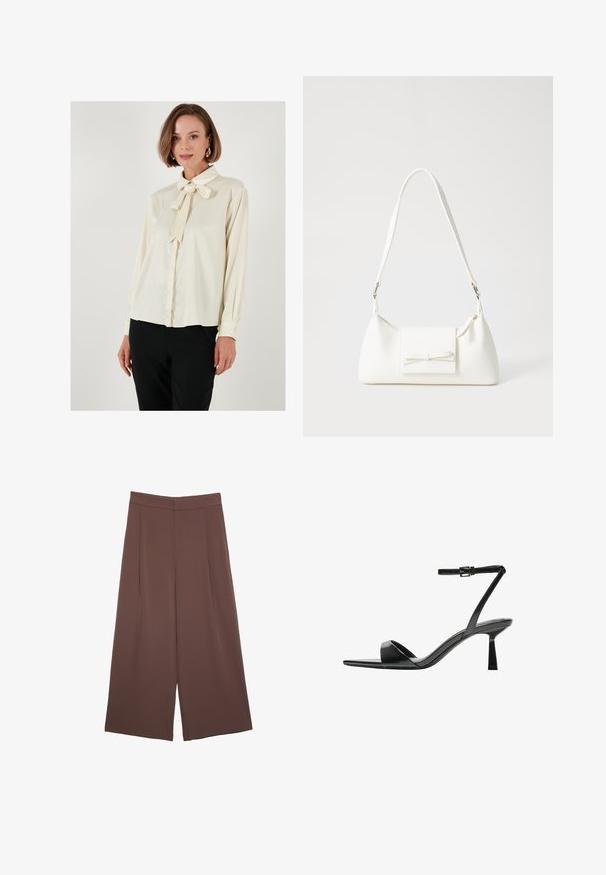 Cream blouse with a bow tie collar, long sleeves, and button cuffs; smooth texture with a relaxed fit; paired with black trousers.; Brown wide-leg trousers with a smooth texture, featuring a high waist and front pleats. The fabric is lightweight and flows loosely.; Bershka High heeled sandals - black; White synthetic handbag with a triangular shape, flat front flap and bow detail, adjustable strap, smooth texture, and minimalistic design.
