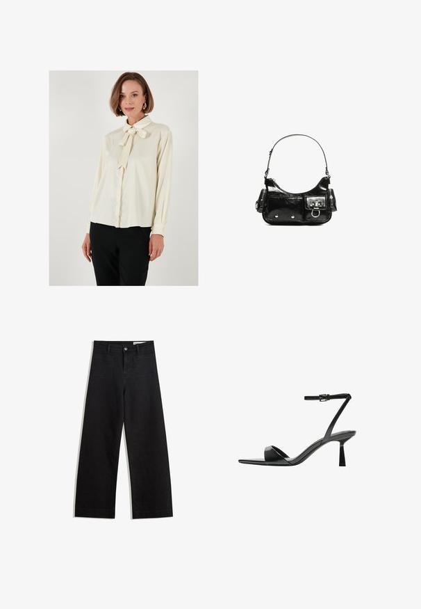 Krém blúz masnis gallérral, hosszú ujjakkal és gombos mandzsettával; sima textúra, laza fazon; fekete nadrággal párosítva.; Fekete, bő szabású farmernadrág magas derékkal, elülső és hátsó zsebekkel, varrott felületekkel és gombos záródással. Sima textúra.; Bershka Magas sarkú szandálok - black; Fekete lakkbőr kézitáska ívelt formával, egy vállpánttal, elülső zsebekkel és ezüstszínű fémrészletekkel.