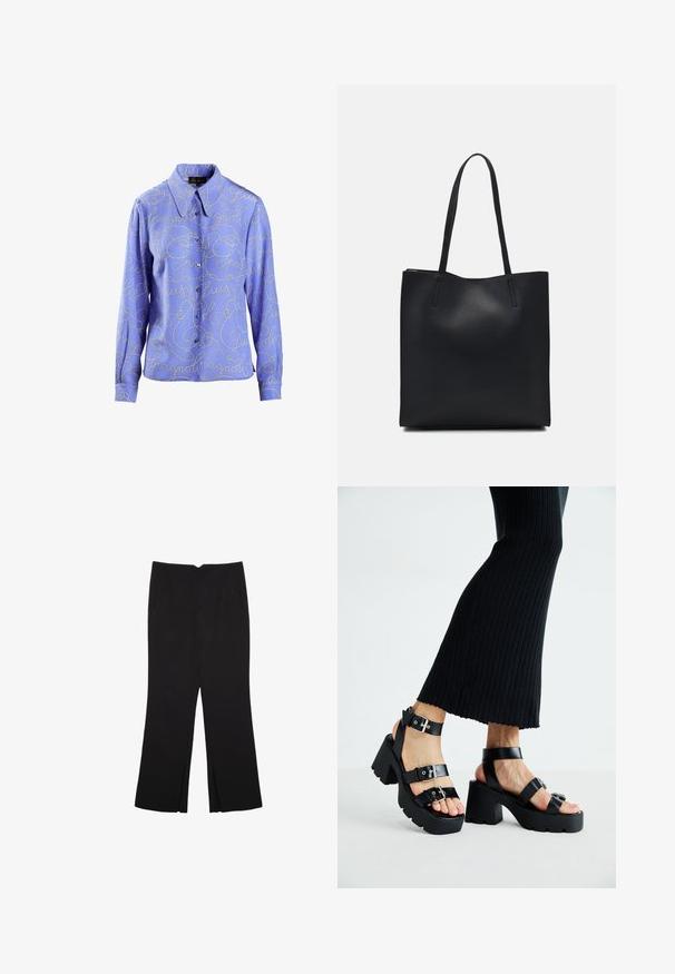 Vaaleansininen nappikauluspaidat, jossa on hopeinen kirjoituskuvio ja pitkät hihat. Silkkinen kangas, jossa on klassinen kaulus ja nappisulku.; Mustat housut suoralinjaisella leikkauksella, joissa on etutaskut ja sivurei'ät helman alla. Valmistettu pehmeästä ja sileästä kankaasta. Sopii eri tilaisuuksiin.; Mustat alustossut, joissa on paksut, uritetut pohjat ja useita hihnoja, varustettuna metallisilla soljilla ja sileällä nahkamaisten materiaalien pinnalla.; Mustapahkainen kangaskassi, jossa on sileä pinta, suorakaiteen muotoinen ja kaksi pitkää kahvaa. Ei näkyvää metalliosaa tai koristeita.