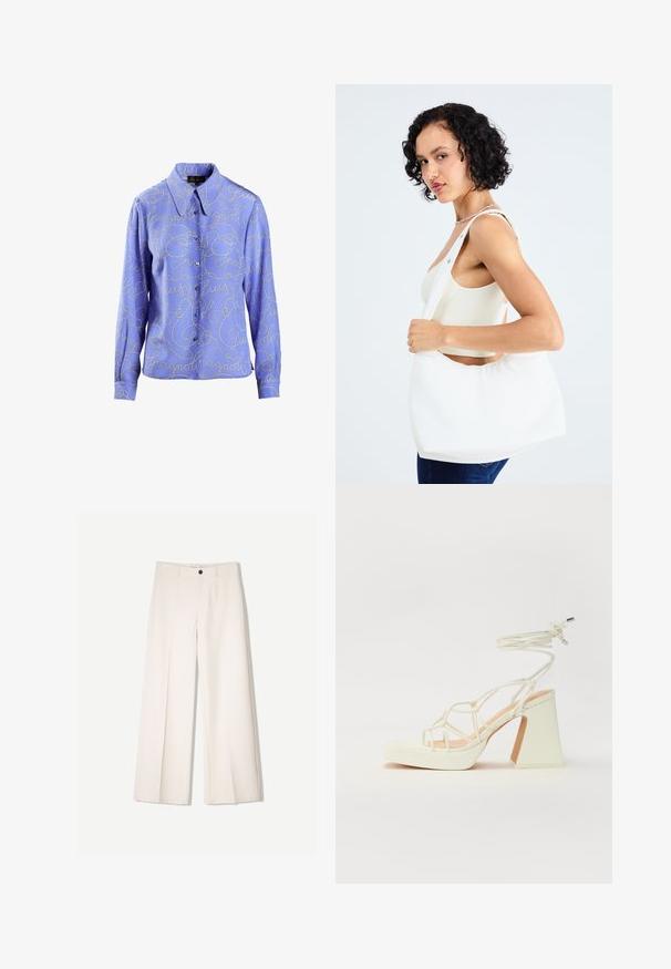 Light blue button-up shirt featuring silver script pattern and long sleeves. Smooth fabric with a classic collar and button closure.; Cream wide-leg trousers with a tailored design, featuring two front pockets and a single front button closure, made from smooth fabric.; White high-heeled sandal with a chunky heel, featuring a strappy design and ankle tie. Smooth texture with a platform front for added height.; White shoulder bag made of smooth material, featuring an oval cutout and wide strap design. Simple and modern with no visible hardware.