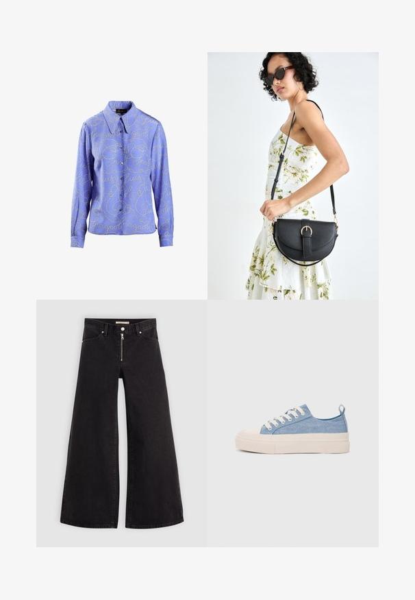 Šviesiai mėlynas marškinis su ilgomis rankovėmis, dekoruotas sidabrine raštu ir klasikinio kirpimo apykakle. Lygus audinys su mygtukų uždarymu.; Plačios kojų džinsai iš juodo džinsinio audinio su užtrauktuku priekyje, penkių kišenių dizainu ir subtiliais siuvinėjimo akcentais. Lygus paviršius ir laisvalaikio stilius.; Šviesiai mėlyni drobės sportbačiai su kreminiu guminiu pirštų apsaugos ir pado elementu, balti raišteliai ir kilpa ant kulno.; Juodas odinis krepšys su išlenkta forma, nuimamu dirželiu ir auksiniais detalėmis. Krepšys turi kilpą su sagtimi.