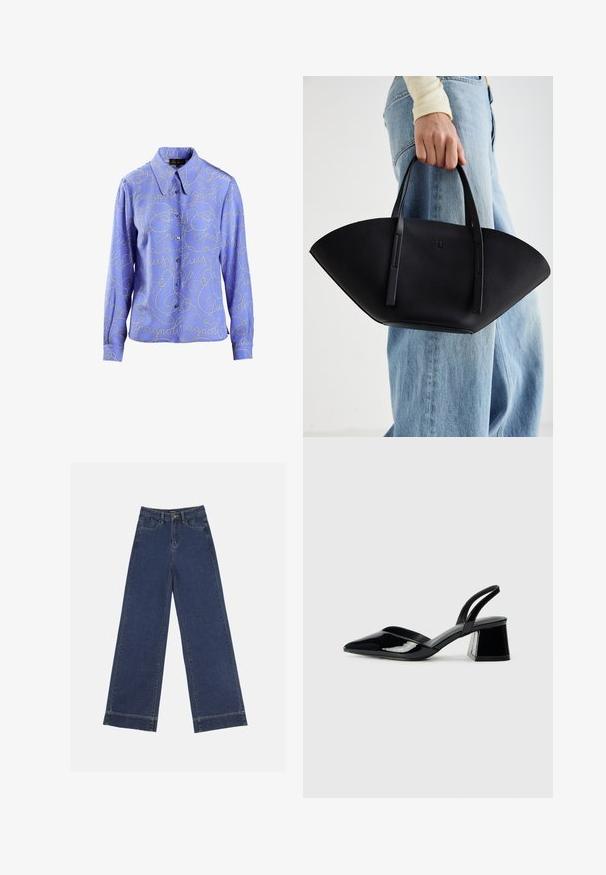 Svetlomodrá košeľa na gombíky s dlhými rukávmi, zdobená strieborným písmom. Hladká tkanina s klasickým golierom a gombíkovým zapínaním.; Džínsy s širokými nohavicami v tmavomodrom denime. Majú päť vreciek, pútka na opasok a surový spodný lem s viditeľnými švy.; Čierne lakované kožené sandálové podpätky s špicatou špičkou a geometrickým blokovým podpätkom. Disponujú elegantným, minimalistickým dizajnom a hladkým povrchom.; Čierna kožená kabelka s jedinečným tvarom ventilátora, so plochými držadlami. Povrch má štruktúru s brúseným efektom a minimalistic design.