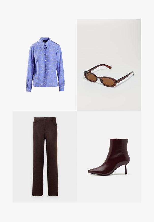 Helles blaues Hemd mit Knopfleiste, das ein silbernes Schriftmuster und lange Ärmel aufweist. Glattes Material mit klassischem Kragen und Knopfverschluss.; Gerade geschnittene, dunkelbraune Wildlederhosen mit vorderer Knopf- und Reißverschluss, Gürtelschlaufen und seitlichen Taschen.; Burgunderfarbene Lackleder-Stiefelette mit spitzem Zehenbereich und schlankem Stilettosc heel, die eine glatte, glänzende Textur und ein minimalistisches Design aufweist.; Runde, braun getönte Sonnenbrillen mit einem glänzenden burgunderfarbenen Rahmen. Schlanke Bügel mit dezentem Branding. Flaches Linsendesign.; Geflochtene burgunderfarbene Handtasche mit runder Form und einem einzelnen Griff, die über eine strukturierte Oberfläche und einen elastischen Kordelzugverschluss verfügt.