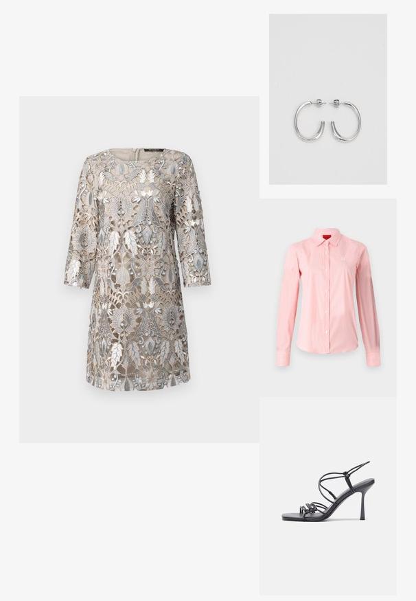 Stribet skjorte med krave, lavet af letvægtsstof. Har skiftende lyse og mørke pink striber samt et lille hvidt logo på brystet.; Beige kjole med intrikate sølv blomsterblonder, trekvartærmer, rund halsudskæring og lynlås i ryggen. Tekstureret design detalje.; Sorte højhælede sandaler med tynde stropper og en knyttet design, en glat firkantet tå og en slank stiletto hæl.; Lys grå metallisk håndtaske med kædestrop, dekoreret med små runde metalliske studs og et trekantet brandlogo.; Sølv øreringe i cirkel med en glat, skinnende overflade, der har en buet form og lukning med stift bagpå. Minimalistisk design med et moderne udseende.