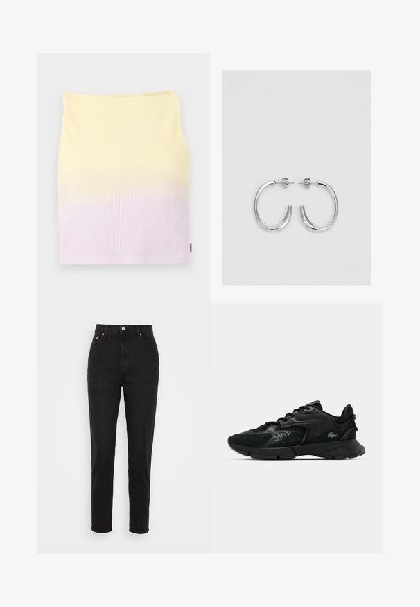 Ribbede strikkede crop top, med et gradient mønster fra gul til lys lilla, har en tætsiddende form og en rund halsudskæring.; Sorte højtaljede slim-fit jeans med frontknap, bæltesløjfer og fem-lomme design på hvid baggrund.; Sorte sportssko med mesh-overdel, teksturerede detaljer og snørebånd. Har en polstret krave og gummisål for greb og holdbarhed.; Sølv hoop øreringe med en glat, skinnende overflade. Rundet form, letvægtsdesign med post-back lukning.