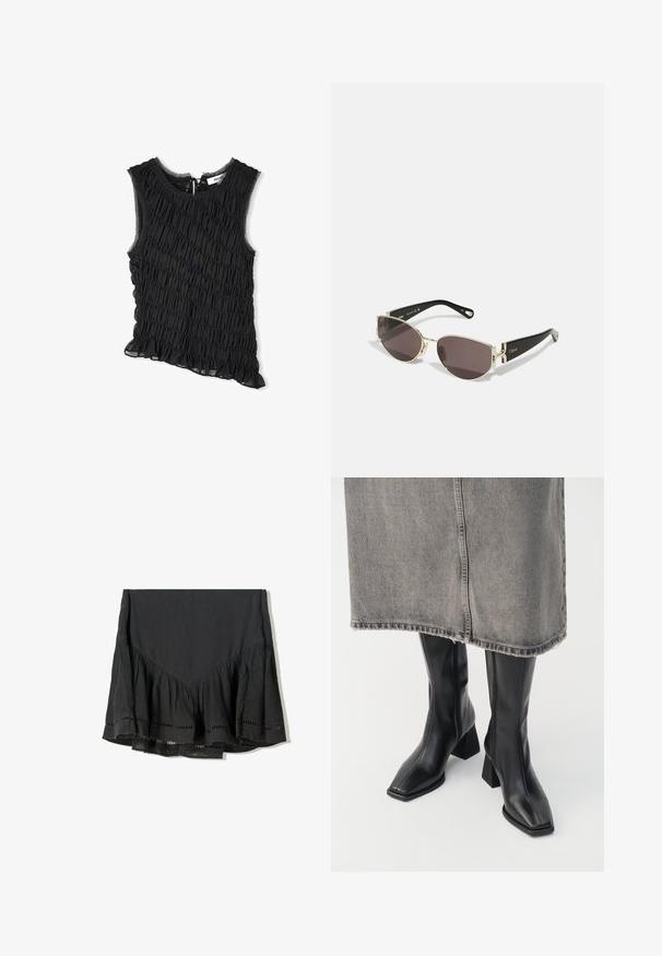 Top senza maniche nero con texture arricciata, orlo con frange e taglio asimmetrico. Chiusura regolabile con lacci sul retro. Tessuto leggero.; Gonna nera con orlo a balze stratificato, realizzata in tessuto testurizzato. Presenta dettagli a taglio lungo il bordo inferiore e un design a forma di V nella parte superiore.; Stivali neri al ginocchio in pelle liscia con punta squadrata e tacco a blocco. Indossati con una gonna in denim grigia con orlo sfilacciato.; Occhiali da sole neri e dorati con una montatura ovale e stretta, lenti scure e un raffinato accessorio ai templi. Design leggero e slanciato.