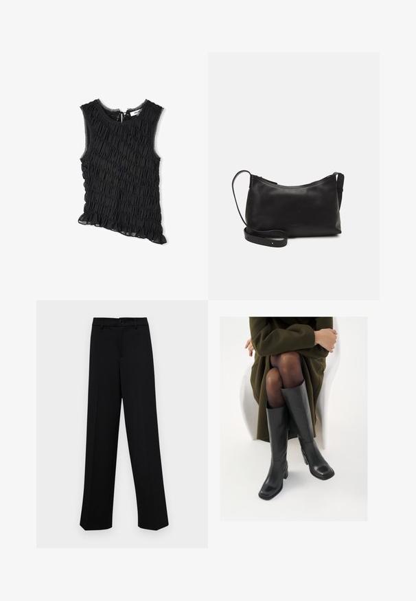 Black sleeveless top featuring a smocked texture, fringe hem, and an asymmetric cut. Adjustable back tie closure. Lightweight fabric.; Black wide-leg trousers made of smooth fabric, featuring a classic waistband with a button closure and front pleats.; Knee-high black leather boots with a squared toe and block heel, shown with a model seated in an olive green coat. Smooth texture, minimal detailing.; Black leather shoulder bag with a smooth texture, curved shape, adjustable strap, and a zip closure. Minimalist design without embellishments.