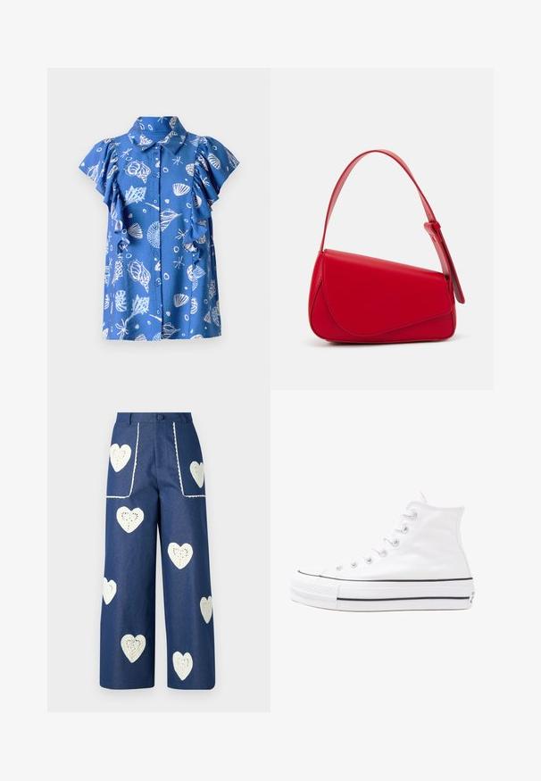 Blue short-sleeve shirt with a button front, featuring white sea shell and fish patterns, ruffled sleeves, and a classic collar.; Sister Jane HEART TO HEART - Straight leg jeans - blue denim; White high-top canvas sneaker with black rubber sole, front rubber toe cap, and six eyelets for laces, featuring a clean, minimalist design.; Red leather handbag with an angular, geometric design. Features a single adjustable strap and a flap closure with stitched detailing.