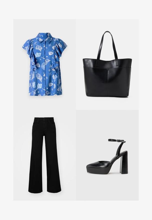 Camicia azzurra a maniche corte con bottoni, caratterizzata da motivi di conchiglie e pesci bianchi, maniche arricciate e colletto classico.; Pantaloni neri a gamba larga in denim, con una vita strutturata, passanti per la cintura e tasche frontali. Texture liscia con un design classico.; Tacchi a piattaforma neri con punta appuntita e cinturino regolabile alla caviglia. Realizzati in pelle liscia, presentano un tacco a blocco spesso.; Borsa a tracolla in pelle nera con due manici lunghi, una texture liscia e una forma strutturata. Presenta una tasca frontale per ulteriore spazio di archiviazione.