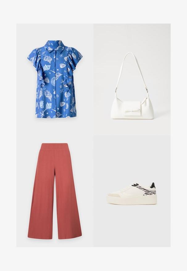 Cămașă albastră cu mâneci scurte, cu deschidere la butoane, cu imprimeuri albe de scoici și pești, mâneci volan și guler clasic.; Pantaloni cu picior larg, de culoare ruginie, realizați dintr-un material texturat cu dungi verticale. Au talie înaltă, elastică.; Even&Odd Sneakers low - white/black; Geantă sintetică albă, cu formă triangulară, capac frontal plat și detaliu cu fundă, curea ajustabilă, textură netedă și design minimalist.