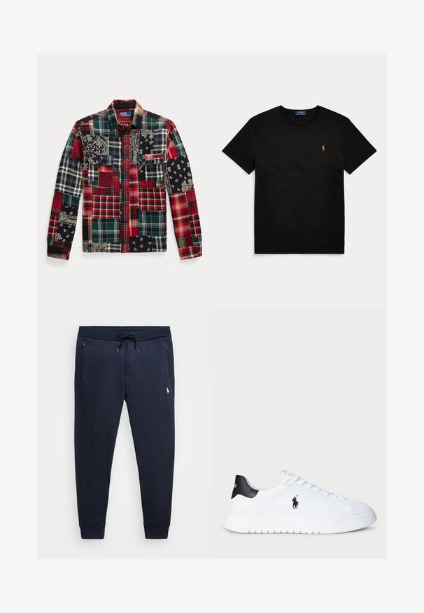 Pūļa krekls ar dažādām pleda rakstu daļām sarkanā, zaļā, melnā un baltā krāsā ar paisley akcentiem un vairākiem kabatām.; Melna īsām piedurknēm T-kreklā ar mazu izšūtu oranžu un zaļu Polo Ralph Lauren zirdziņa logotipu uz kreisā krūtis.; Jūras spēku jogger bikses, kas izgatavotas no mīksta kokvilnas maisījuma, ar regulējamu jostasvietu, kabatām ar rāvējslēdzējiem un mazu logotipu uz kreisās augšstilba.; Baltas zems sports apavi ar melnu papēdi un melnu Polo Ralph Lauren logotipu sānos, ar baltām auklām un biezu gumijas zoli.