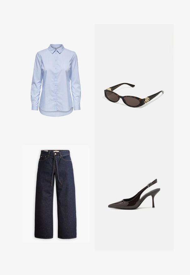 Camicia button-down a righe blu con colletto, maniche lunghe e orlo curvo. Il tessuto sembra liscio e leggero. Chiusura con bottoni sul davanti.; Jeans in denim scuro a gamba larga con vita alta, dotati di un laccio, cinque tasche e dettagli di cucitura a contrasto.; Scarpa con tacco alto tipo slingback in pelle verniciata marrone scuro lucido, punta affusolata, lati aperti e cinturino alla caviglia regolabile.; Occhiali da sole tartarugati con lenti ovali allungate, tonalità marrone, accenti dorati con logo sulle tempie e aste nere eleganti.; Borsa a tracolla marrone con motivo, in tessuto testurizzato, con manico in pelle marrone e dettaglio del logo dorato su uno sfondo beige. Forma curva e strutturata.