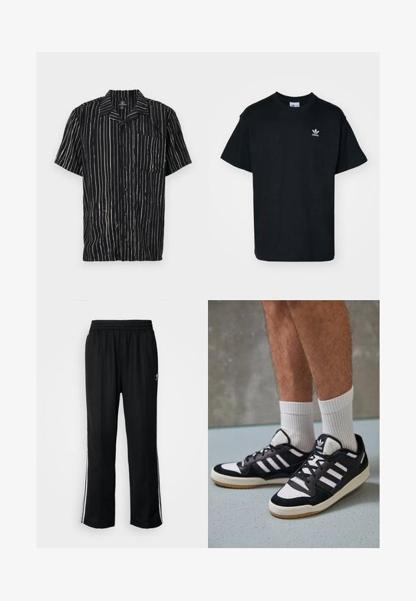 Short-sleeve shirt in black fabric featuring vertical white stripes, a pocket on the left chest, and a collar with a relaxed fit.; Black cotton t-shirt with a crew neck and short sleeves, featuring a small white Adidas logo on the left chest area.; Black athletic pants with an elastic waistband, featuring white side stripes and a small logo. Material appears soft and lightweight.; Black and white sneakers with a suede and leather upper, featuring three white stripes, a perforated toe, and a gum rubber sole.