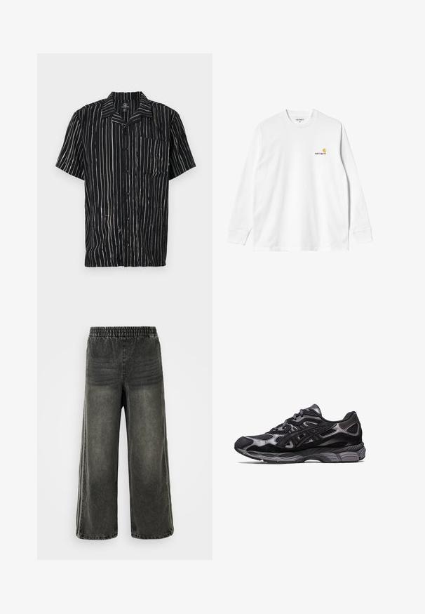 Short-sleeve shirt in black fabric featuring vertical white stripes, a pocket on the left chest, and a collar with a relaxed fit.; Long-sleeve white cotton T-shirt with a crew neck, featuring a small yellow and burgundy logo on the left chest. Seamless cuffs and hem.; Black washed denim pants with elastic waistband and wide legs, featuring subtle vertical seam details on sides.; Black athletic shoe with a mesh and suede upper, featuring a textured design and a robust, cushioned gray sole.
