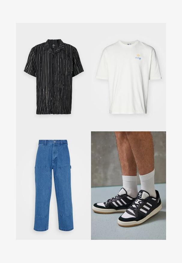 Juoda trumpomis rankovėmis marškiniai, papuošti vertikaliomis baltomis juostelėmis, kairėje krūtinės pusėje yra kišenė, o apykaklė turi laisvą siluetą.; Baltos medvilnės marškinėliai su apvalia apykakle, trumpomis rankovėmis, su mėlyna rašyba "adidas" ir geltonu trefo logo krūtinėje.; Mėlyni džinsiniai cargo kelnės su aukštu liemeniu, plačiomis kojomis ir didelėmis priekinėmis kišenėmis. Turėtų siuvinėjimo detalių ir mygtuko uždarymą.; Juodos ir baltos sportinės bateliai su zomšiniu ir odiniu viršumi, su trimis baltomis juostelėmis, perforuota koja ir guminėmis padais.