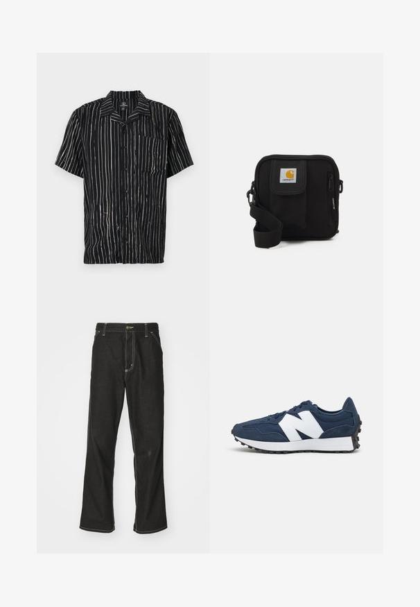 Kurzarmhemd aus schwarzem Stoff mit vertikalen weißen Streifen, einer Tasche auf der linken Brust und einem lässigen Kragen.; Schwarze Denim-Jeans mit lockerer Passform, kontrastierenden weißen Nähten, einem Knopfverschluss und geradem Bein.; Marineblaue Sportschuhe mit weißem Logo, Obermaterial aus Wildleder und Mesh, mit gepolstertem Schaft, flachen Schnürsenkeln und strukturiertem schwarzen Gummisohle.; Schwarze Umhängetasche mit einem Reißverschluss-Hauptfach, einer Fronttasche, einem verstellbaren Tragegurt und einem sichtbaren Logo-Patch auf dem Deckel.