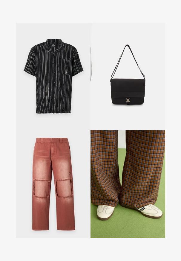 Kurzarmhemd aus schwarzem Stoff mit vertikalen weißen Streifen, einer Tasche auf der linken Brust und einem lässigen Kragen.; Rostfarbene Hosen mit verblasster Textur, ausgestattet mit zwei großen, fransigen Ausschnitten an den Knien und normalen Taschen.; Braun und blaue Karohosen mit weitem Bein, kombiniert mit weißen Schuhen mit schwarzen Akzenten und strukturierten Sohlen, vor einem grünen Hintergrund.; Schwarze Umhängetasche aus glattem Material, mit einem umklappbaren Deckel, silbernem Verschluss und verstellbarem Schultergurt.