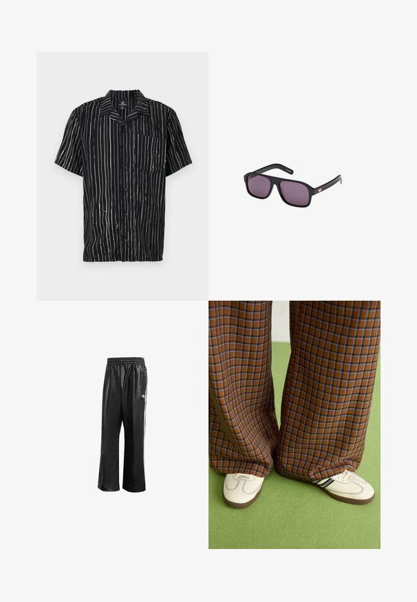 Chemise à manches courtes en tissu noir avec des rayures blanches verticales, une poche sur la poitrine gauche et un col avec une coupe décontractée.; Pantalons de sport synthétiques noirs avec une taille élastique, dotés de rayures blanches sur les côtés et d'un petit logo blanc sur la hanche gauche.; Un pantalon large à carreaux marron et bleu associé à des chaussures blanches avec des accents noirs et des semelles texturées, le tout sur fond vert.; Lunettes de soleil noires avec une monture carrée, des verres foncés et un accent en logo doré sur la branche. Matériau plastique lisse avec une finition mate.