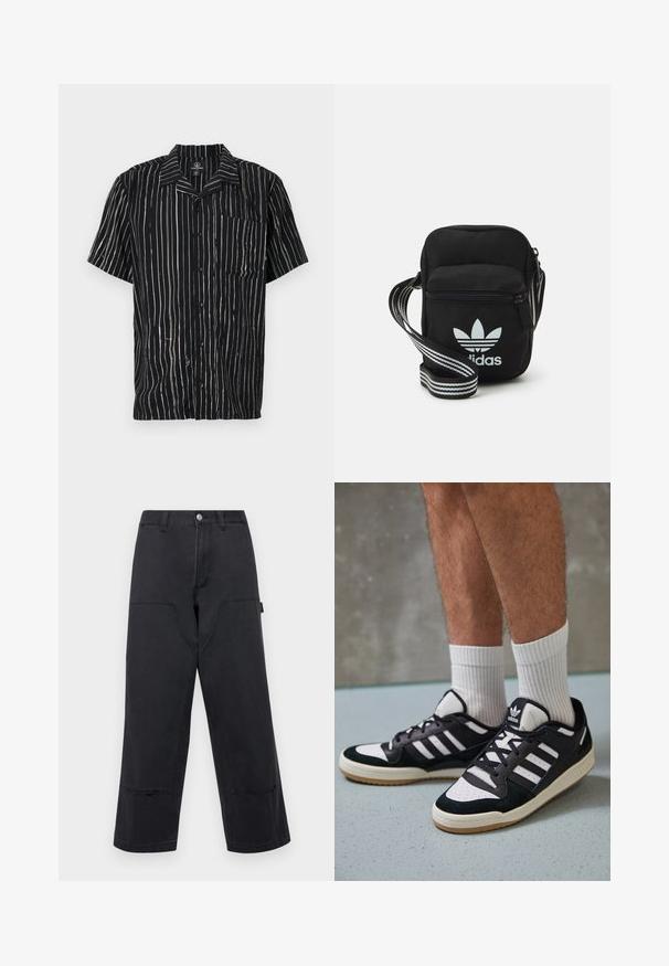 Cămașă cu mâneci scurte din material negru, cu dungi verticale albe, un buzunar pe partea stângă a pieptului și un guler cu o croială lejeră.; Pantaloni negri cu croială largă din material denim, cu buzunare frontale mari, croială dreaptă și cusături în contrast. Prezintă un sistem de închidere cu un buton metalic.; Adidași negri și albi cu un superior din suede și piele, prevăzuți cu trei dungi albe, un vârf perforat și o talpă din cauciuc caramel.; Geantă de umăr din material textil negru, cu închidere cu fermoar, având un logo Adidas alb și o curea ajustabilă cu dungi pentru o transportare ușoară.