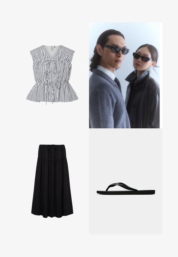 Top peplum cu dungi, alb și negru. Prezintă decolteu în V, detalii gathered și accente cu funda. Material ușor, cu finisaj texturat.; Fustă midi neagră cu straturi adunate, țesătură texturată și talie cu șnur.; Sandala flip-flop din cauciuc negru, cu un bretele texturat și o talpă simplă și plată, prezentată din lateral pe un fundal simplu și deschis.; Ochelari de soare cu ramele negre unghiulare pe un model îmbrăcat cu un pulover gri, evidențiind tricotajul texturat și o jachetă din piele neagră purtată de un alt model.