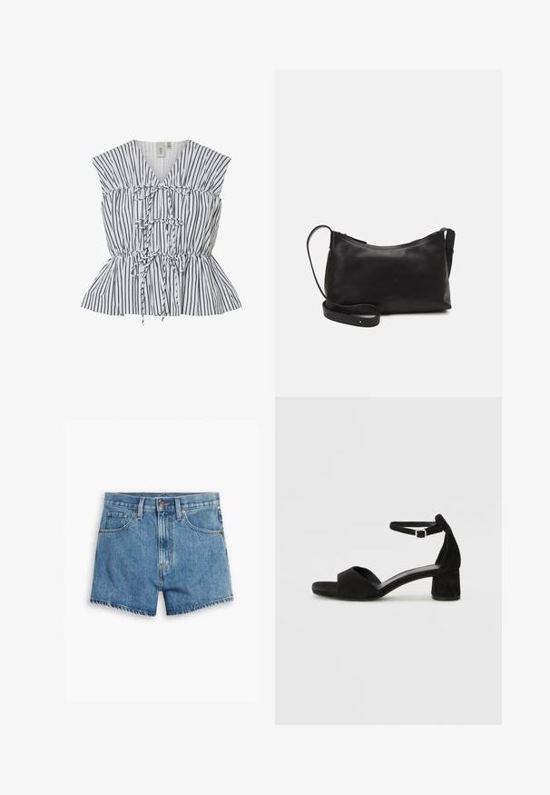 Pruhovaný peplum top v bielej a čiernej farbe. Obsahuje výstrih do V, riasené detaily a viazacie akcenty. Ľahký materiál s textúrovaným povrchom.; Džínové šortky v svetlo modrej farbe, s piatimi vreckami, zipsom a zapínaním na gombík. Spodný lem je rozstrapkaný s voľným strihom.; Čierne semišové sandále na podpätku s tenkým popruhom okolo členku, otvorenou špičkou a skromným blokovým podpätkom. Hladká textúra a minimálne akcenty.; Čierna kožená ramenná taška s hladkou textúrou, zakriveným tvarom, nastaviteľným popruhom a zipsom. Minimalistický dizajn bez ozdôb.