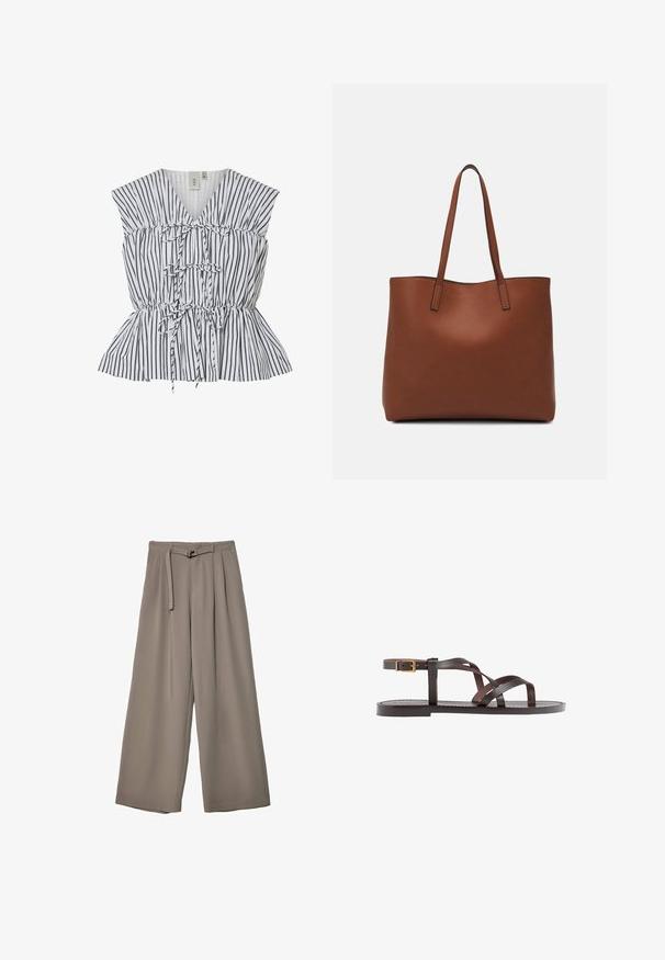 Top peplum a righe in bianco e nero. Caratterizzato da scollatura a V, dettagli arricciati e fiocchi decorativi. Tessuto leggero con finitura testurizzata.; Pantaloni a gamba larga in un morbido tessuto grigio tenue, con vita con cintura e pieghe per un tocco di design aggiuntivo. Texture liscia, senza motivi.; Sandal in pelle marrone con cinturini incrociati, chiusura con cinturino alla caviglia e suola piatta con dettagli di cucitura minimi.; Borsa tote in pelle marrone con texture liscia, design con apertura superiore e due spallacci. Presenta cuciture minime e nessun hardware visibile.