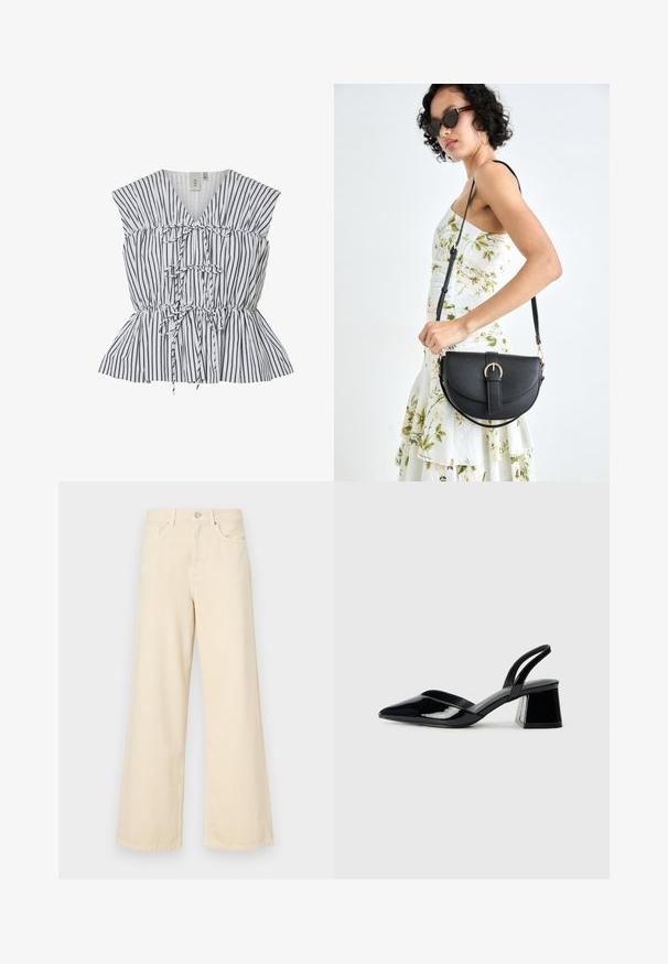 Csíkos peplum felső fehér és fekete színben. V-nyakú, ráncolt részletekkel és masni díszítéssel rendelkezik. Könnyű anyag, texturált felülettel.; Bézs, széles lábú farmernadrág, pamutból készült. Gombos záródással, övhurkokkal és elülső zsebekkel rendelkezik, sima, puha tapintással.; Fekete lakk bőr szandálkés magas sarkú cipő, hegyes orral és geometrikus tömbsarkakkal. Karcsú, minimalista dizájn és sima textúra jellemzi.; Fekete bőrtáska ívelt formával, levehető pánttal és arany színű fémrészekkel. A táskán egy csattal díszített fedél található.